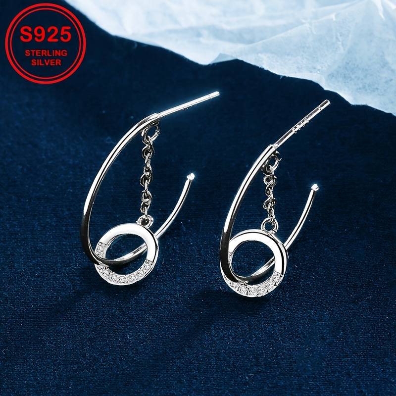 Geometric Hoop Earrings with Synthetic Zirconia Inlay S925 Silvery